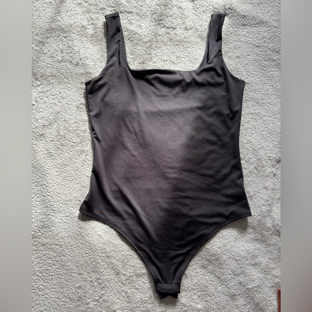 Black One Piece Bodysuit with Scoop Neckline and Wide Straps